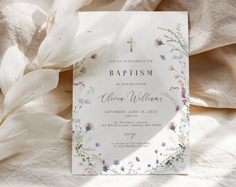 Wildflower Baptism Invitation Template, Girls Baptism Invitation, Baptism Invite, Editable Invitation, Baby Girl Christening, Floral Baptism