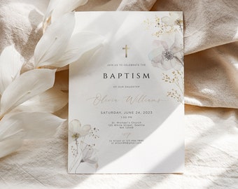 Girls Baptism Invitation, Wildflower Baptism Invitation , Christening Invite, minmalist Baby Christening, Floral Baptism