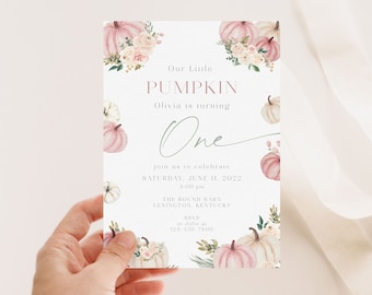 Girl Pumpkin First Birthday Invitation Template, Our Little Pumpkin 1st Birthday pink Invite, Fall Autumn 1st Birthday Invites, pink pumpkin