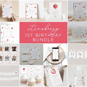 Berry First Birthday Invitation Bundle, Printable Strawberry Invitation Template Bundle, Berry 1st Birthday Decorations, Printable Birthday