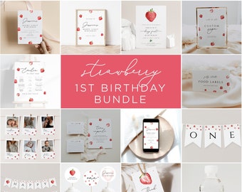 Berry First Birthday Invitation Bundle, Printable Strawberry Invitation Template Bundle, Berry 1st Birthday Decorations, Printable Birthday