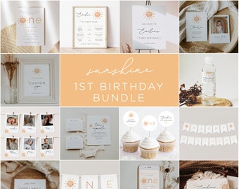 Sun Birthday Invitation Bundle, First Trip Around the Sun, 1st Sunshine Birthday Party Invite, Editable Sun Birthday Bundle, Template