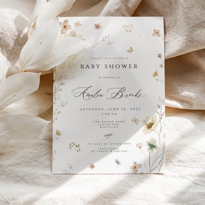 Wildflower Baby Shower Invitation, white flowers Baby Shower Invitation , Boho Wildflower Invite, Floral Baby Shower, baby bruhch hello baby image 2