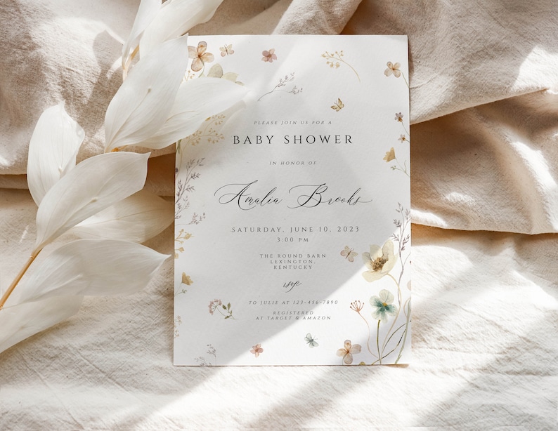 Wildflower Baby Shower Invitation, white flowers Baby Shower Invitation , Boho Wildflower Invite, Floral Baby Shower, baby bruhch hello baby image 2