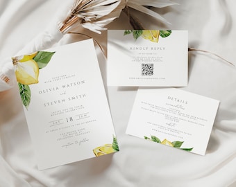 Lemon Wedding Invitation Set with QR Code, citrus Editable Wedding Invitation Suite, citrus Flowers Wedding Invite, gold flower wedding