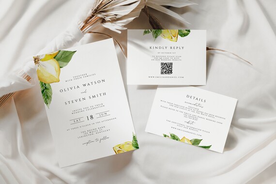 Lemon Wedding Invitation Set With QR Code, Citrus Editable Wedding