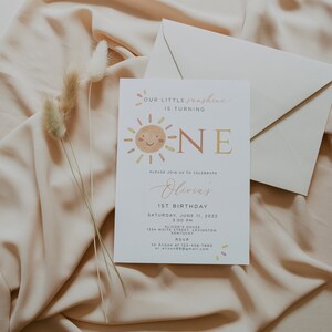 Our Little Sunshine First Birthday Invitation Editable, Sunshine 1st Birthday Invite, Boho Sun 1st Birthday Neutral, Printable Template image 3