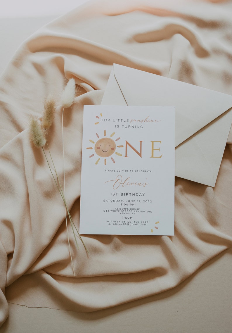 Our Little Sunshine First Birthday Invitation Editable, Sunshine 1st Birthday Invite, Boho Sun 1st Birthday Neutral, Printable Template image 3