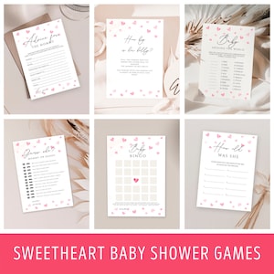 50 bewerkbare bundel met babyshowergames voor Valentijn, A Little Sweetheart babyshowerspellen, Pink Red Hearts babyshowerthema, babyshower voor meisjes