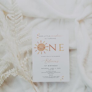 Our Little Sunshine First Birthday Invitation Editable, Sunshine 1st Birthday Invite, Boho Sun 1st Birthday Neutral, Printable Template image 2