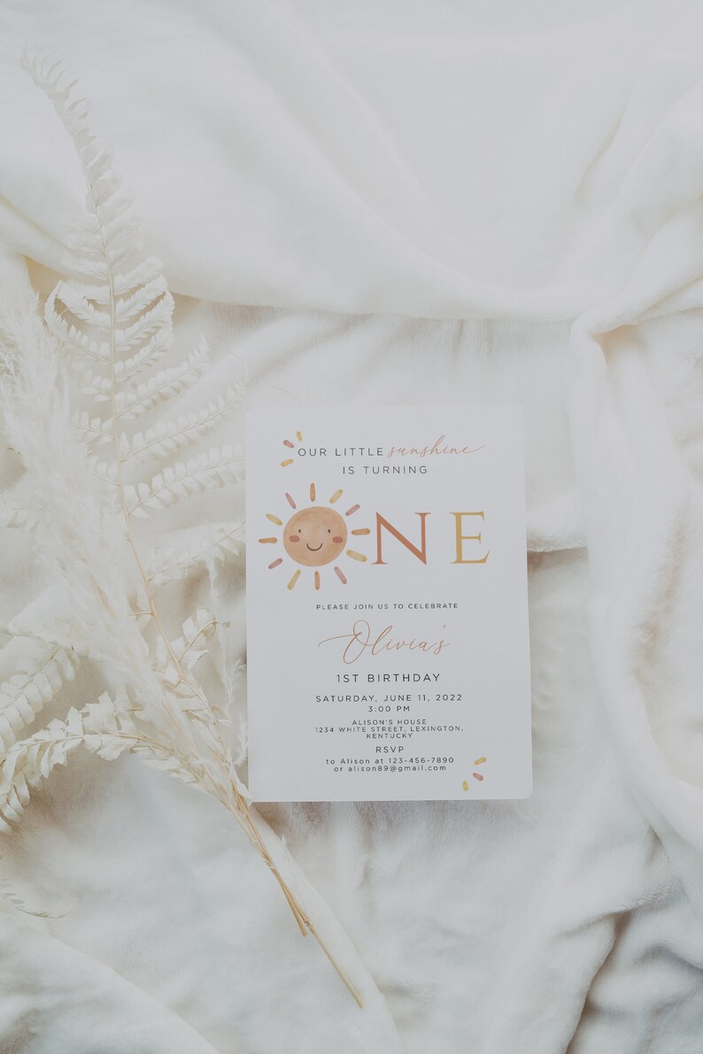 Our Little Sunshine First Birthday Invitation Editable, Sunshine 1st Birthday Invite, Boho Sun 1st Birthday Neutral, Printable Template image 2