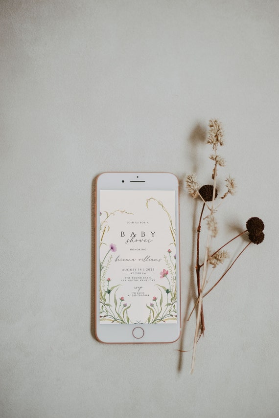 Wildflower Baby Shower Digital Evite Template, Wildflowers Baby Shower Invites, Floral Baby Shower Digital Invitation Electronic Text Invite