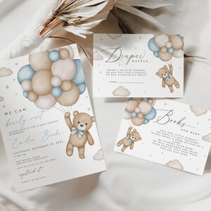 Brown Bear Balloon Baby Shower Invitation set, We Can Bearly Wait Baby Shower invite bundle,Blue Boy Bear Baby Shower Invite