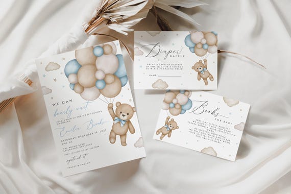 Brown Bear Balloon Baby Shower Invitation set, We Can Bearly Wait Baby Shower invite bundle,Blue Boy Bear Baby Shower Invite, BWBS01