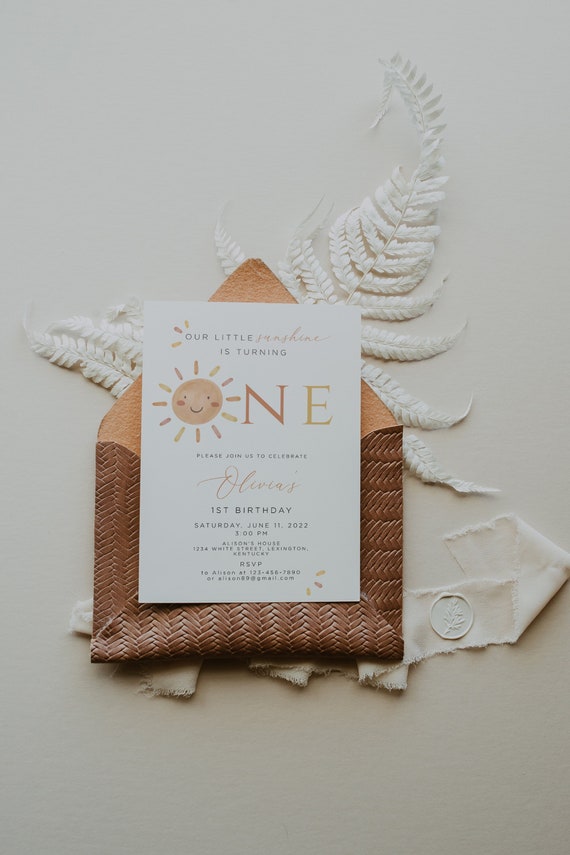 Our Little Sunshine First Birthday Invitation Editable, Sunshine 1st Birthday Invite,  Boho Sun 1st Birthday Neutral, Printable Template