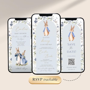 May include: Three smartphone screens displaying baby shower invitations. Each features a watercolor illustration of a bunny in a blue jacket. Text includes "Baby Shower," "A Little Bunny is on the Way," and "Save the Date!"