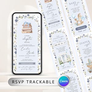 Puede incluir: Invitación digital para baby shower en un smartphone. El diseño presenta una pila de libros, detalles florales y el texto «Un nuevo capítulo comienza». Paneles adicionales incluyen una lista de regalos, cuenta regresiva y detalles de la rifa de pañales.
