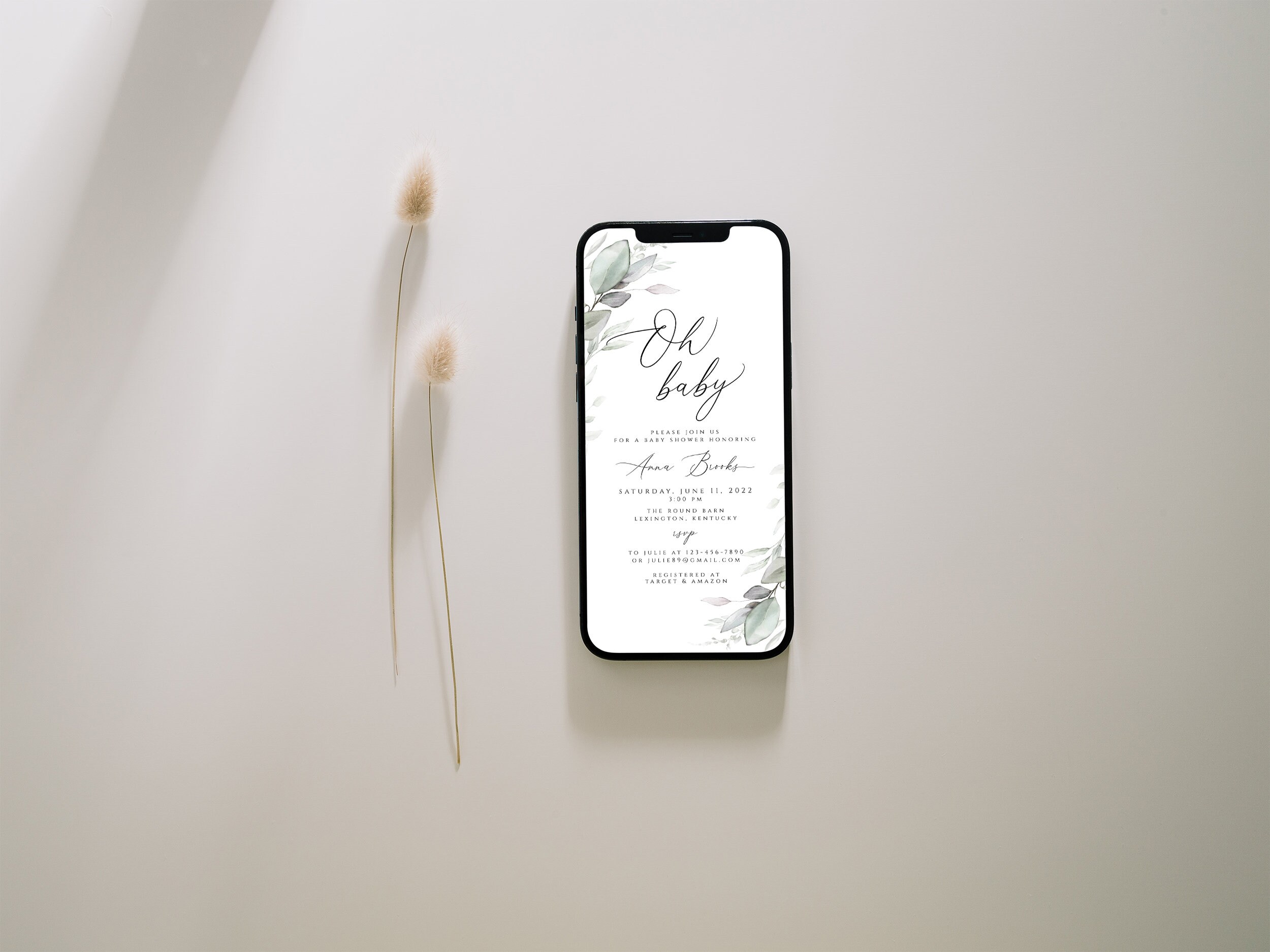 Digital Baby Shower Evite Template, Baby Shower Text Invite, Greenery ...