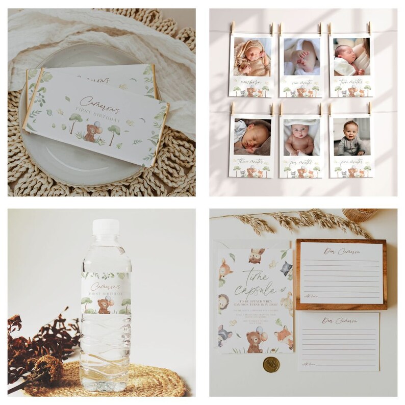 May include: A set of woodland-themed baby shower decorations, including a personalized invitation, a water bottle label, a chocolate bar wrapper, a guest book, and a set of photo cards. The decorations feature a cute bear and woodland animals in a watercolor style.