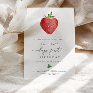 Strawberry Birthday Invitation Template, Berry First Birthday Invitation, Strawberry 1st Birthday Invite, Girl Birthday Party Invitation image 5