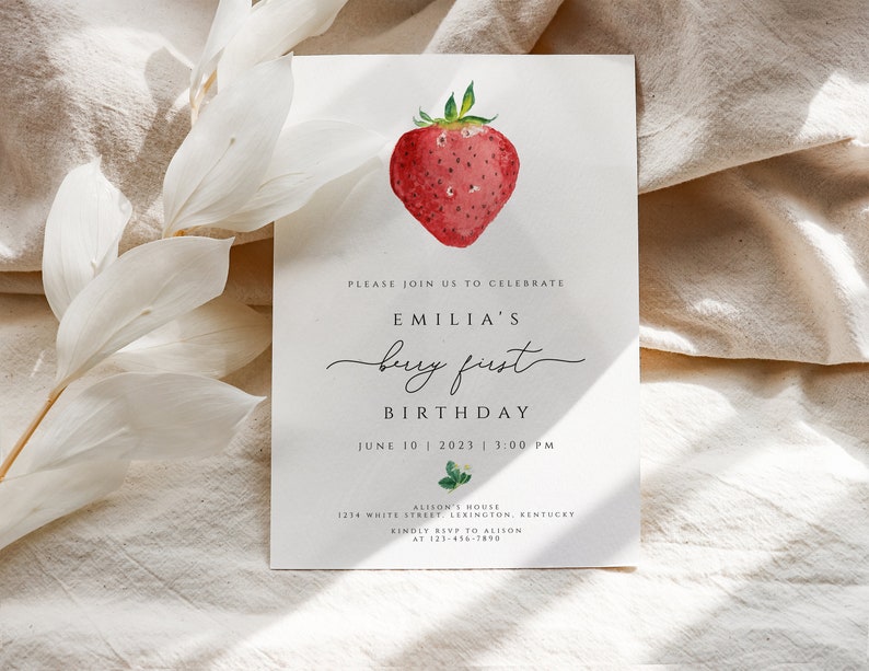 Strawberry Birthday Invitation Template, Berry First Birthday Invitation, Strawberry 1st Birthday Invite, Girl Birthday Party Invitation image 5