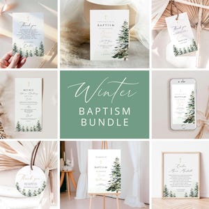 Peut inclure: Ensemble imprimable pour baptême d'hiver avec un design aquarelle représentant des sapins et une croix dorée. L'ensemble comprend un menu, une carte de remerciement, une invitation et une pancarte.