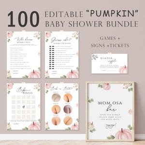 100 Editable pumpkin girl Baby Shower Games and signs,  little pumpkin  baby shower games, pink pumpkin Baby Shower Games, spinkpump01