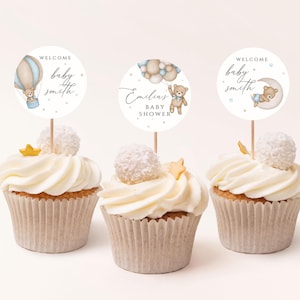 Brown Bear Balloon baby shower Cupcake Toppers, bearly wait Cupcake Toppers Party Decor, boy teddy bear baby shower, BWBS01
