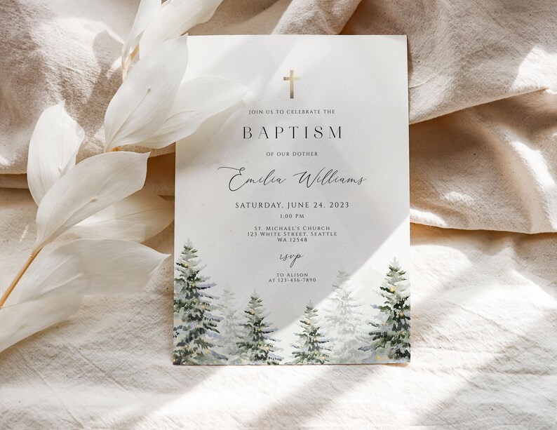 Baptism Invitation Template, Christmas Baptism Invitation, Winter