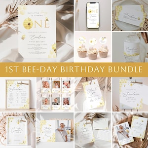 May include: A printable 1st birthday party bundle with a bee theme. The bundle includes a welcome sign, thank you tags, a custom sign, a printable invitation, cupcake toppers, a water bottle label, and a printable sign that says "Our little bee is turning one".