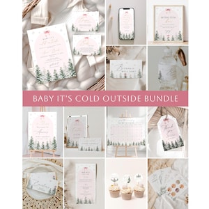 May include: A selection of baby shower stationery with a winter theme. The items include invitations, signs, and tags, all featuring a pink and white colour scheme with evergreen trees. The text "Baby It's Cold Outside Bundle" is displayed.