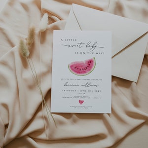 May include: A white baby shower invitation with a watermelon illustration and the text "A little sweet baby is on the way!"  Join us for a baby shower honoring Brianna Williams. Saturday, June 10, 2023, 3:00 PM, Alison's House, 1234 White Street, Lexington, Kentucky. Kindly RSVP to Alison at 123-456-7890.