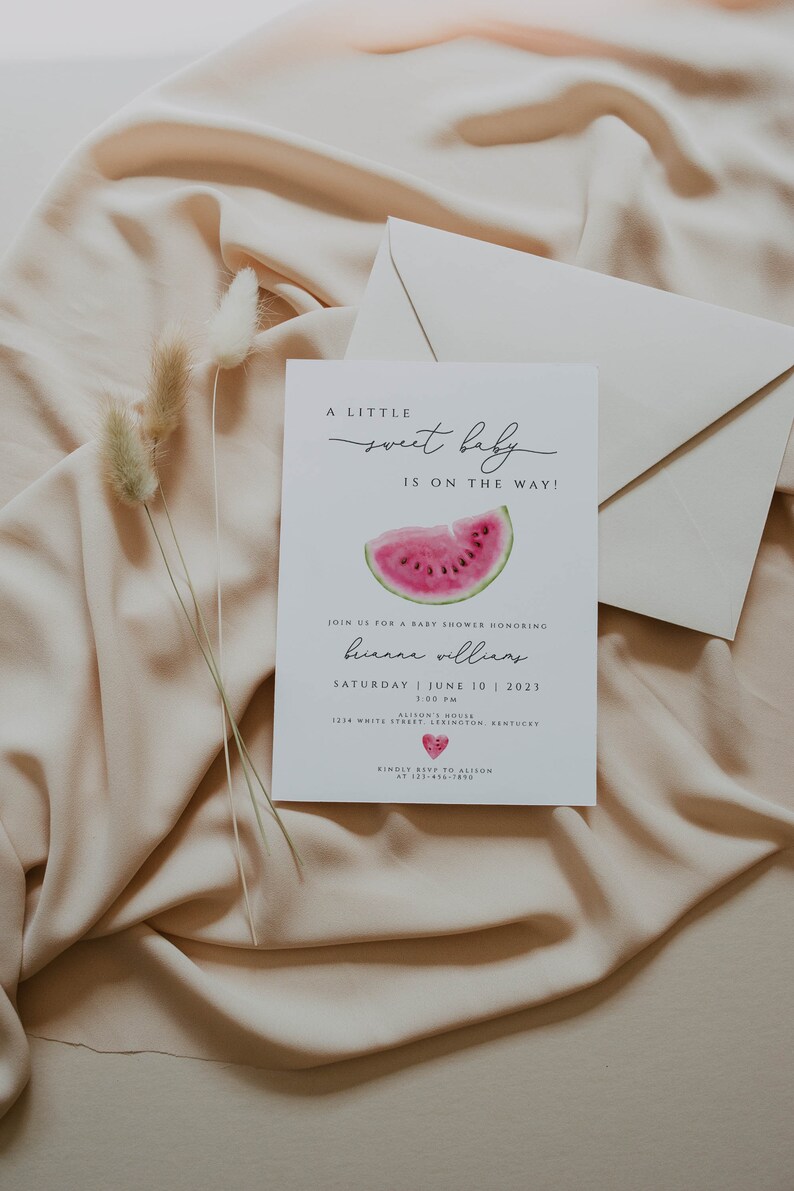 May include: A white baby shower invitation with a watermelon illustration and the text "A little sweet baby is on the way!"  Join us for a baby shower honoring Brianna Williams. Saturday, June 10, 2023, 3:00 PM, Alison's House, 1234 White Street, Lexington, Kentucky. Kindly RSVP to Alison at 123-456-7890.