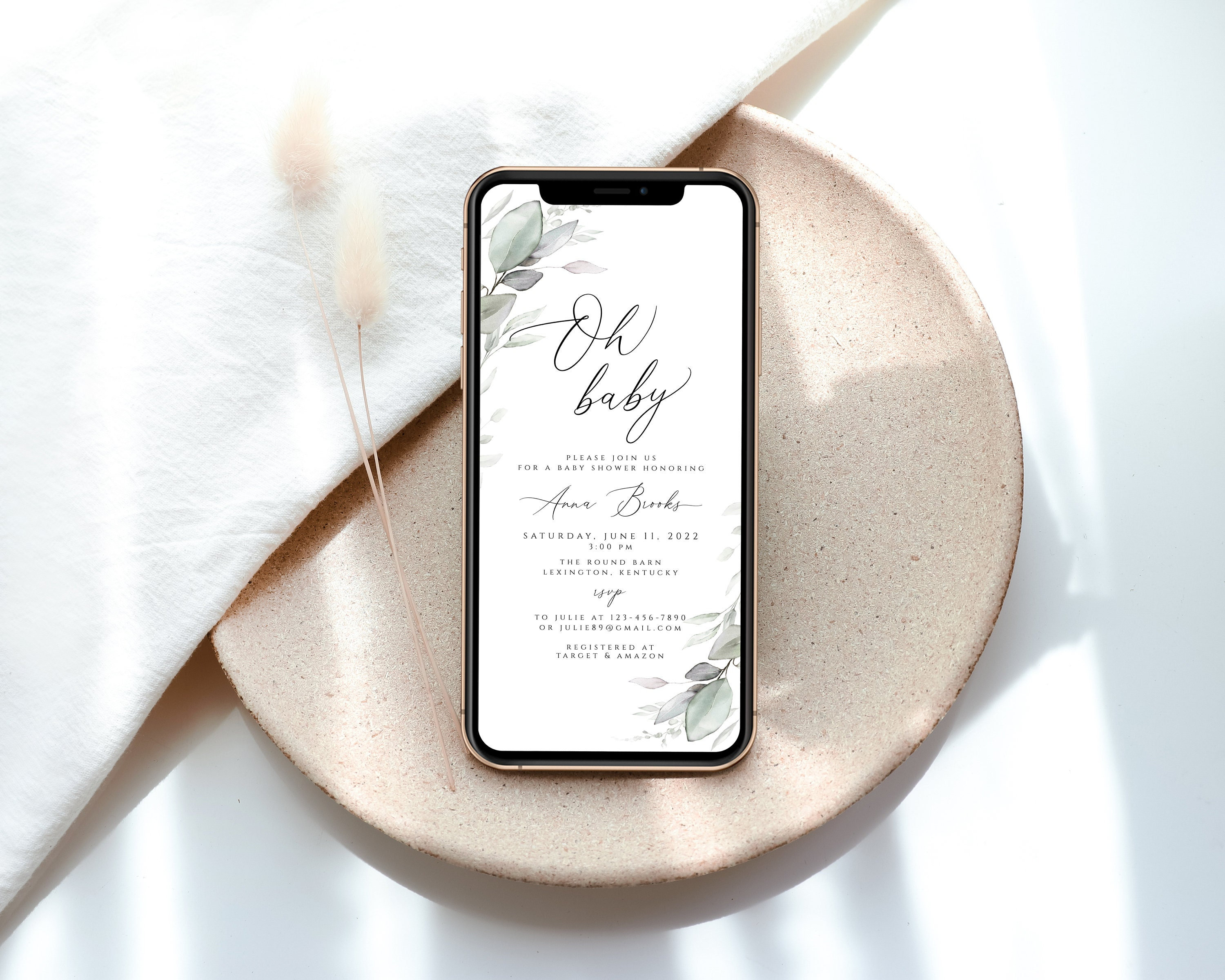 Digital Baby Shower Evite Template, Baby Shower Text Invite, Greenery ...