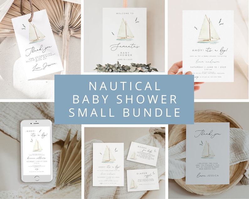 Nautical baby shower Invitation Bundle, Ahoy It's a Boy Invitation, Sailboat Boy baby shower, Marine Baby Shower, Nautical Baby Shower Set image 1