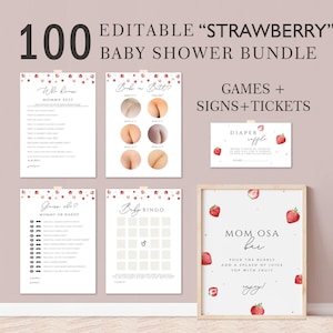 Bewerkbare bundel aardbeienbabyshowergames, Berry Sweet Babyshower-gamepakket, roze bloemen aardbeienmeisje babyshowergames, SBS01