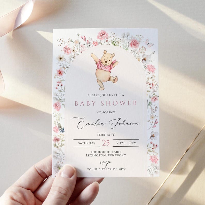 Classic Winnie-the-Pooh girl Baby Shower Invitation, Winnie-the-Pooh pink Neutral Baby Shower Invite, Boho, Floral winnie the pooh, WP008