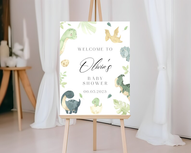 Letrero de bienvenida para baby shower de dinosaurios, Letrero de bienvenida para baby shower de dinosaurios, Letrero de bienvenida para bebé niño dinosaurio, Letrero editable para baby shower imagen 9