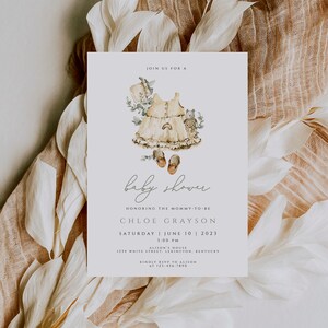 Girl Baby Shower Invitation, beige Boho Baby Shower Invitation, Rustic Baby Shower Invite, vintage Clothes Shower invite, dress baby shower