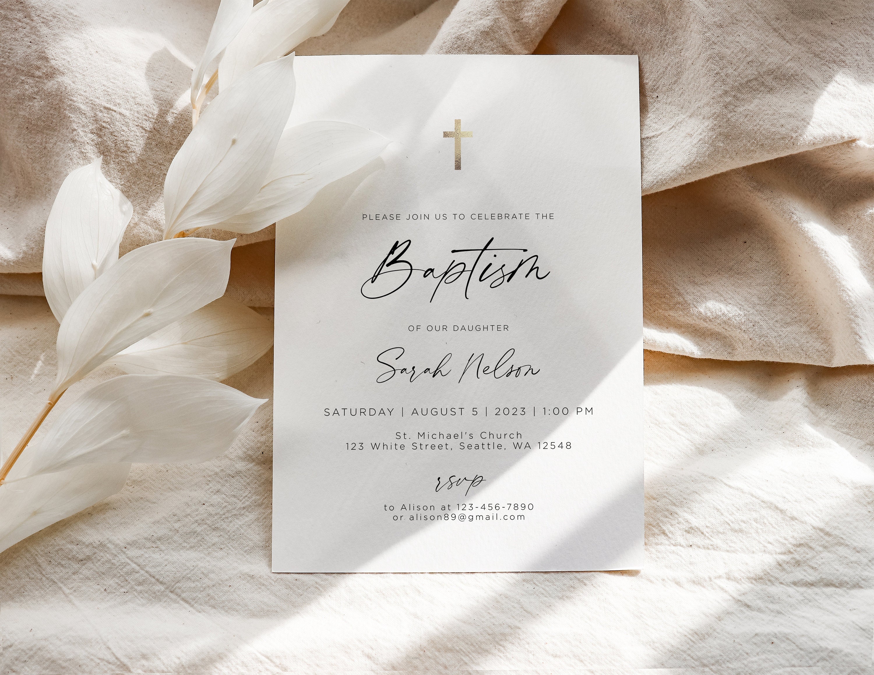 Modern Minimalist Baptism Invitation Template, Simple Baptism Christening Invitation, Baptism Invite Template, Instant Download, Editable