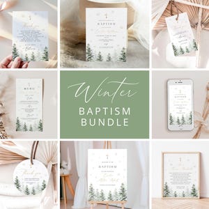 Pode incluir: Uma coleção de artigos de papelaria para batismo de inverno, incluindo convites, cartões de agradecimento, menus e um letreiro de boas-vindas. Os designs apresentam uma cruz, pinheiros e flocos de neve em uma paleta de cores suave e neutra com detalhes dourados. A frase "Winter Baptism Bundle" é exibida.