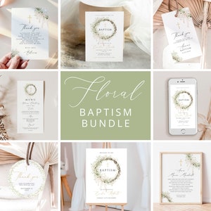 May include: A floral baptism bundle with a variety of printable designs, including a welcome sign, menu, thank you cards, and a baptism invitation. The designs feature a wreath of greenery and a gold cross.