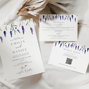 Modèle d'ensemble de faire-part de mariage floral lavande, suite d'invitation boho lilas, ensemble d'invitation de jardin violet bohème élégant, détails, carte RSVP