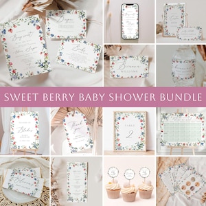Pode incluir: Um conjunto de artigos de papelaria para chá de bebé com um design floral de frutos silvestres. O conjunto inclui convites, letreiros, cartões de mesa e toppers de cupcake. O texto inclui "Sweet Berry Baby Shower Bundle", "Berry Sweet", "Blakes" e "Thank you".