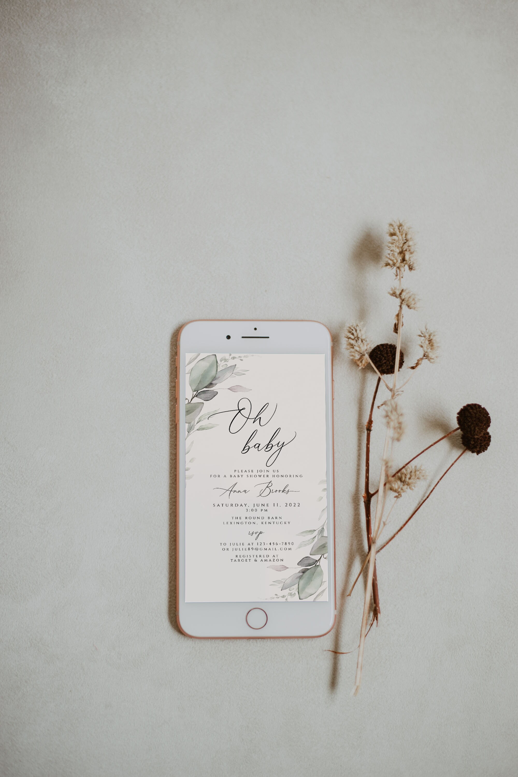 Digital Baby Shower Evite Template, Baby Shower Text Invite, Greenery ...
