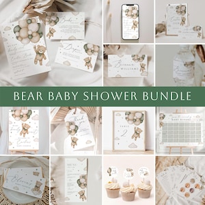 Pacchetto di inviti per baby shower We Can Bearly Wait, pacchetto di inviti per baby shower gender neutral, pacchetto di inviti per baby shower Green Teddy Bear, Bear Games, BWBS02