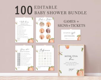 100 jogos e placas editáveis de chá de bebê de pêssego, jogos de chá de bebê de pêssego doce, jogos de chá de bebê, conjunto de jogos de pêssego, jogos de bebê, PBSH02