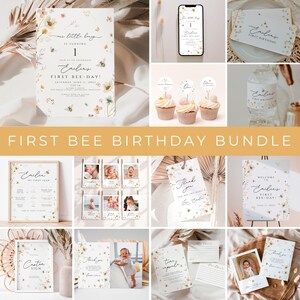 May include: First Bee Birthday Party printable bundle with a watercolor bee and floral design. Includes a welcome sign, thank you tags, a sign for a custom sign, a first birthday sign, and cupcake toppers.