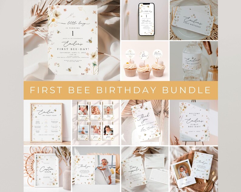 May include: First Bee Birthday Party printable bundle with a watercolor bee and floral design. Includes a welcome sign, thank you tags, a sign for a custom sign, a first birthday sign, and cupcake toppers.