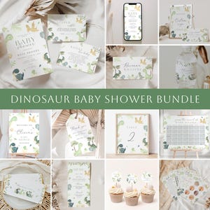 Puede incluir: Un conjunto de papelería para baby shower con temática de dinosaurios. El paquete incluye invitaciones, letreros y adornos para cupcakes. Los diseños presentan ilustraciones de acuarela de dinosaurios, mariposas y follaje en tonos verdes y azules suaves.